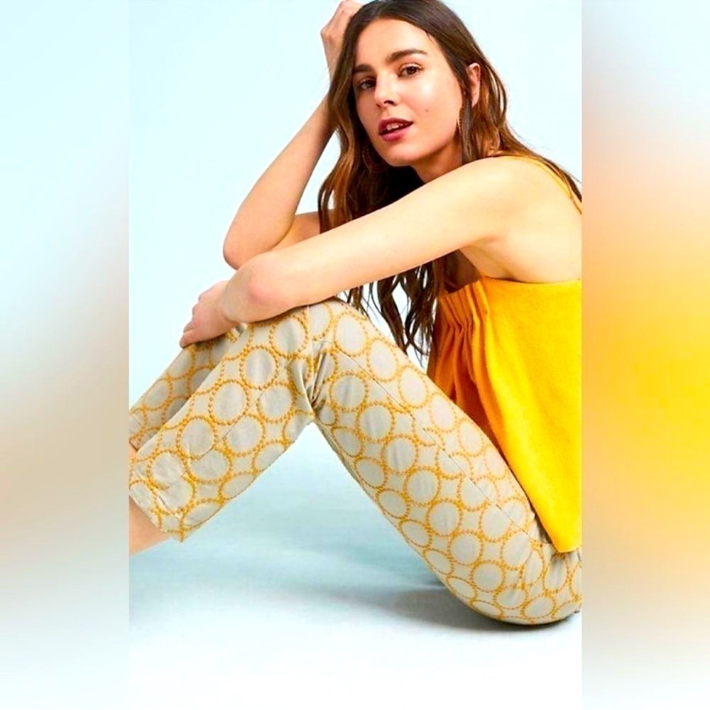 Anthropologie Chino Khaki and Gold Embroided Circle Ankle Pant / 27 / Relaxed